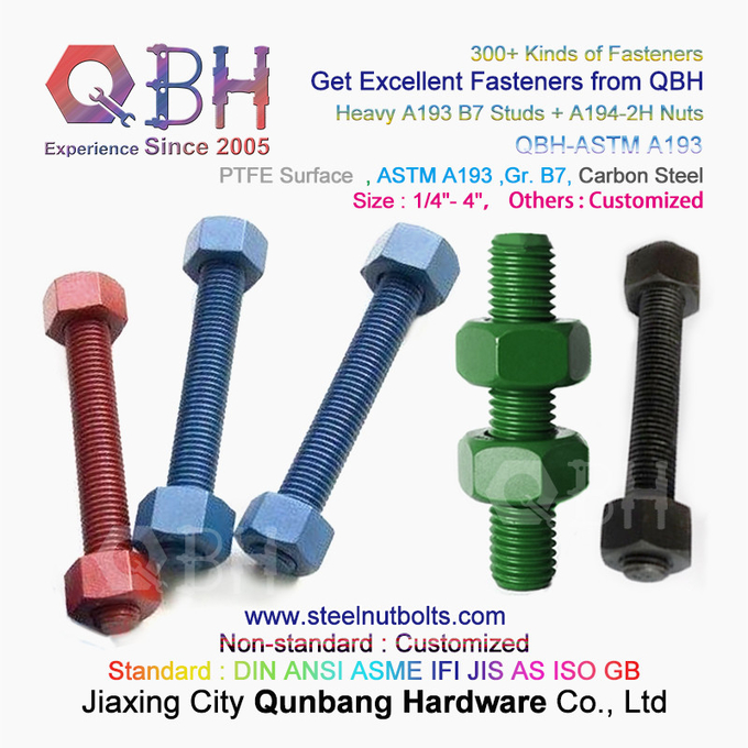 QBHPTFE1070赤/青/黒/緑コーティング1/4"-4"ASTM A193 B7スレッドロッドスタッドボルト、A194-2Hヘビー六角ナット付き 3