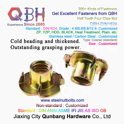 QBH M4-M10 DIN 1624 Yellow Zinc Coated Carbon Steel Tee Nuts With Pronge