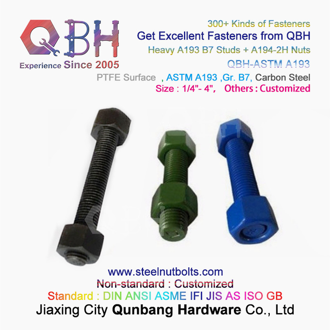 QBHPTFE1070赤/青/黒/緑コーティング1/4"-4"ASTM A193 B7スレッドロッドスタッドボルト、A194-2Hヘビー六角ナット付き 0
